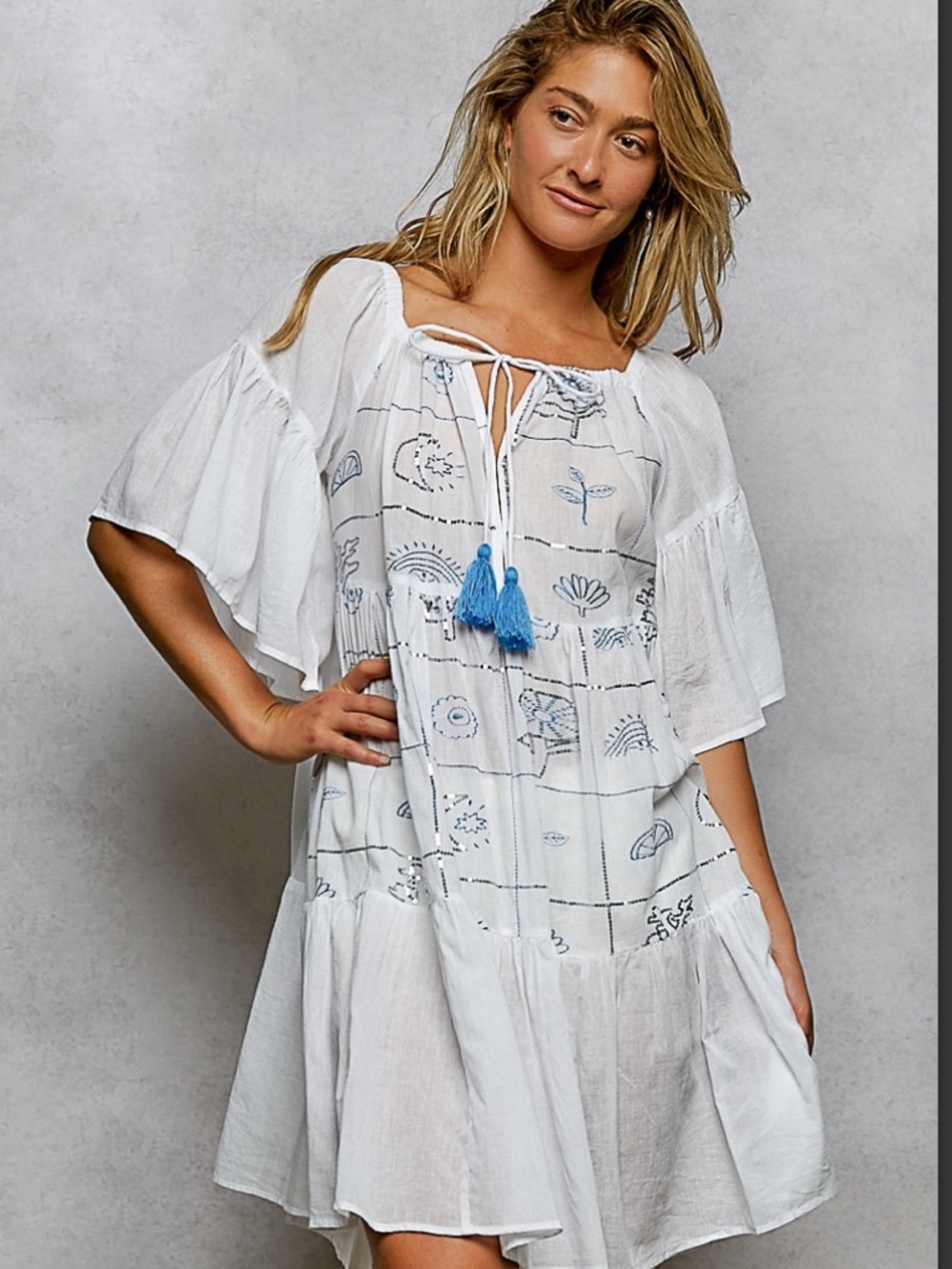 POL White Gauze Tunic Dress with Blue Tassel Detail